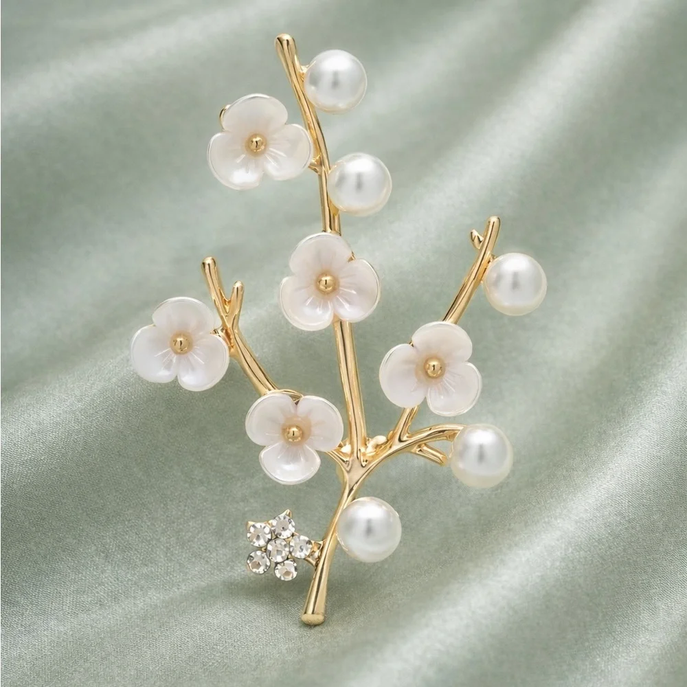 Cherry Blossom Gold Pearl Floral Brooch